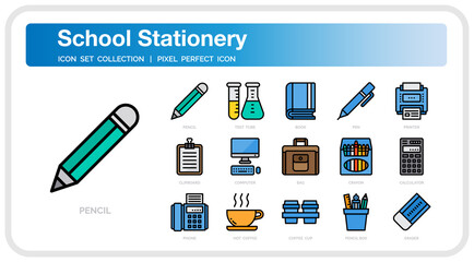 School stationery icon set