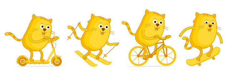 Cat sports entertainment set of stickers. Scooter ski bike and skateboard. Ginger cat. Mascot character. Active lifestyle pet. Cartoon vector.