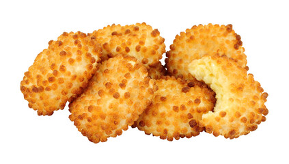 Cheddar cheese nuggets with a crispy puffed rice coating isolated on a white background
