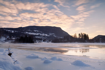 Winter theme at Hallingdalselva. A beautiful river in Hallingdal, Gol is freezing up in the cold...