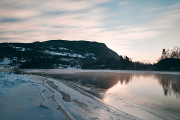 Winter theme at Hallingdalselva. A beautiful river in Hallingdal, Gol is freezing up in the cold...