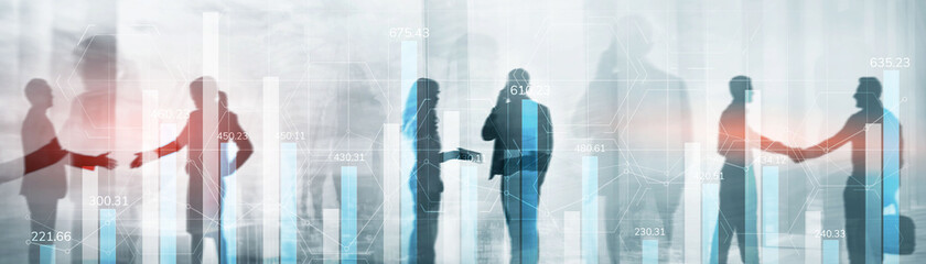 Business growth, progress or success concept. Financial bar chart and growing graphs with on blue...