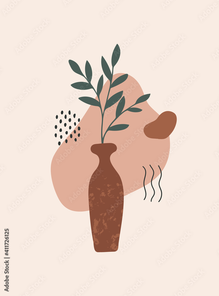 Poster modern abstract wall art with textured vase, geometric shapes and plant on light background. vector 
