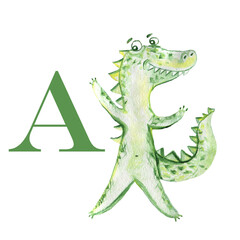 Alligator. English alphabet with watercolor animals. Children's illustration.