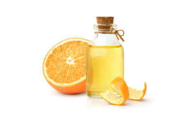 Orange essential oil with orange fruit  and peel isolated on white background.