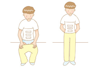 ズボンをはいて立ち上がるコルセットの人物