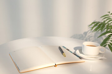 Open notebook, pen and a cup of coffee on round desk, workspace on white background with copy space, home desk concept