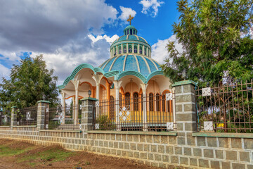 Beautiful architecture of Medahiniyalem Orthodox Christian Church, sunny day with blue sky, Dejen city, Ethiopia, Africa