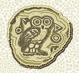 Vector seamless mosaic illustration in antique style. Tile with an owl and mosaic pieces in the old style on a white background.