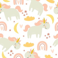 seamless pattern with cartoon unicorns, rainbows, clouds, decor elements. Magic. Colorful vector flat style for kids. Animals. hand drawing. baby design for fabric, print, wrapper