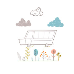 Car and landscape. Clipart for a boy. Collection for kids. Vector illustration
