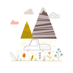 Mountains and car. Postcard, print for a boy. Collection for kids. Vector illustration