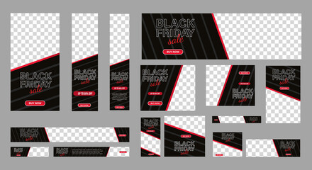 Set of Black friday web banner with place for photo. Sale Ads banner. vertical, horizontal and square template. Vector EPS