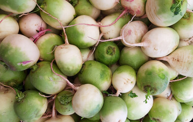 Fresh pink watermelon radish background, closeup from a bird's eye view.
