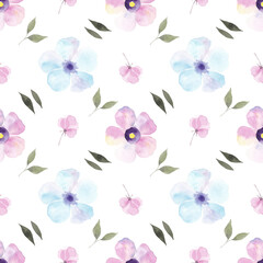 Fototapeta na wymiar Watercolor blue and violet flowers seamless pattern. Watercolor fabric. Repeat flowers. Use for design invitations, birthdays