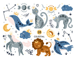 Celestial boho sky animals and bird isolated kids clipart, cat, whale, lion, magic unicorn, moon and stars on white background, mystical space baby illustration, vector design elements