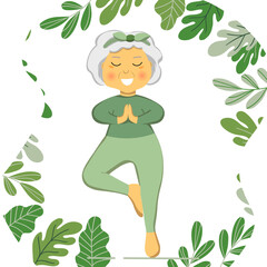 Sporty Granny does Yoga. Old person. Vector colorful cartoon illustration. Senior woman in pose yoga. Exercising for better health. Isolated flat image. Grandma. Grandmother character.