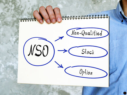  NSO Non-Qualified Stock Option note. man's hand holding hardcover kraft notebook