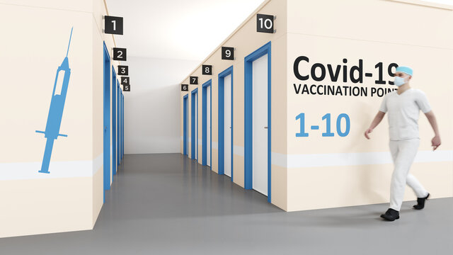 Corona vaccination center with walking in nurse