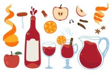 Wine set with bottle, glass, mulled wine, fruits and spices isolated on white background. Vector graphics.