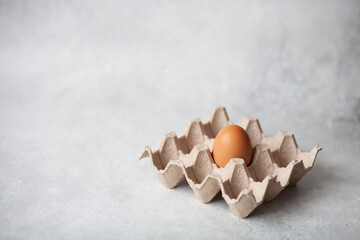Eco paper tray package for eggs with one brown egg in the center. Concept of eco-friendly packaging from recycled materials and plastic refusal. Copy space. Selective focus.
