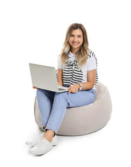 Fototapeta premium Young woman with laptop on white background
