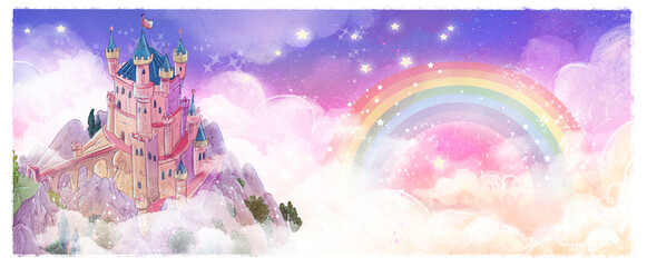 Magic castle in the sky with rainbow © cirodelia