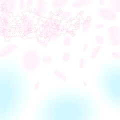 ぼんやりとした春の青い空　桜の枝のシルエットと花びら