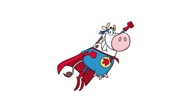 Super Hero Cow Cartoon Character Flying. 4K Animation Video Motion Graphics With White Background 