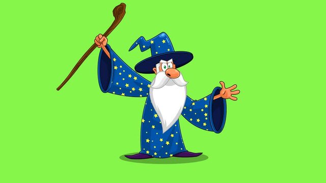 Wizard Cartoon Character With A Cane Making Magic. 4K Animation Video Motion Graphics On Green Screen Background 