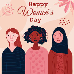 Happy Womans Day, 8 March. Bundle of young women different nationality, Afro American, Arabian, European. International Woman day, diversity group of people. Muslim Female in hijab.