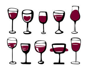 Wine glasses set - collection of sketched doodle wineglasses and glass silhouette. Hand drawn glass with red wine inside, isolated ink vector set