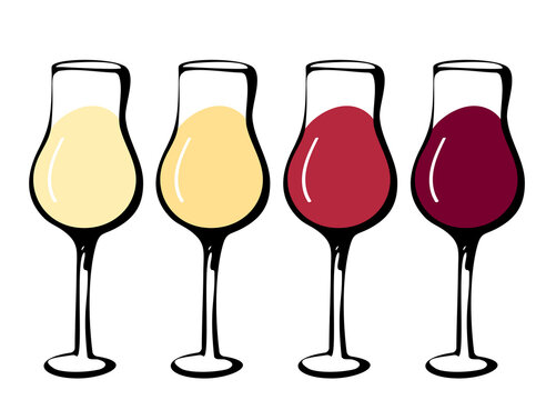 Wine glass set - collection of sketched doodle wineglasses. Hand drawn glass with red, white, orange and pink wine inside, isolated vector. Winery degustation testing.