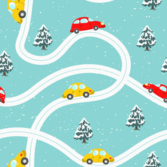 Fototapeta na wymiar Seamless pattern with cute cars, christmas tree on blue winter background. Cartoot transport. Vector illustration. Doodle style. Design for baby print, invitation, poster, card, fabric, textile.