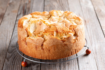 Clasic sponge cake on wooden background, selective focus. Homemade cake