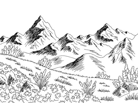 Mountain flower graphic black white landscape sketch illustration vector