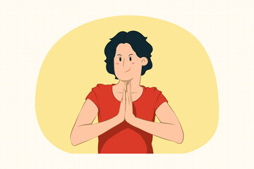 Young woman holding hands folded in prayer concept