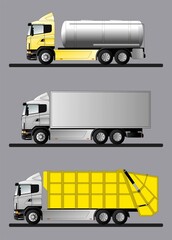 Options for modern European trucks for the transport of various goods. Flat style line art illustration.