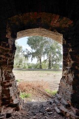 view of trees through an old window opening in the ruins of a granary in Modlin, Poland, Mazovia