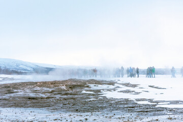 Strokkur at rest in winter. Fountain geyser located in the Haukadalur geothermal area, southwest of Iceland.