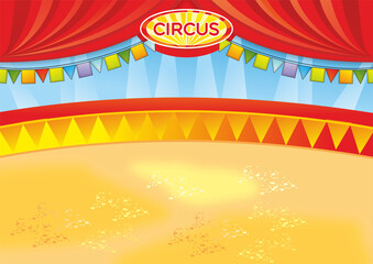 illustration of circus arena with flags, curtain. Yellow, red and orange colour.