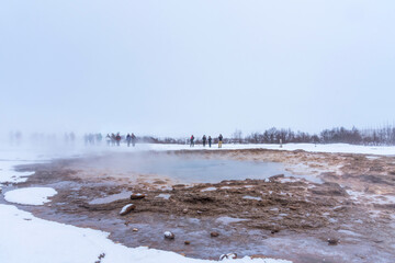 Strokkur at rest in winter. Fountain geyser located in the Haukadalur geothermal area, southwest of Iceland.