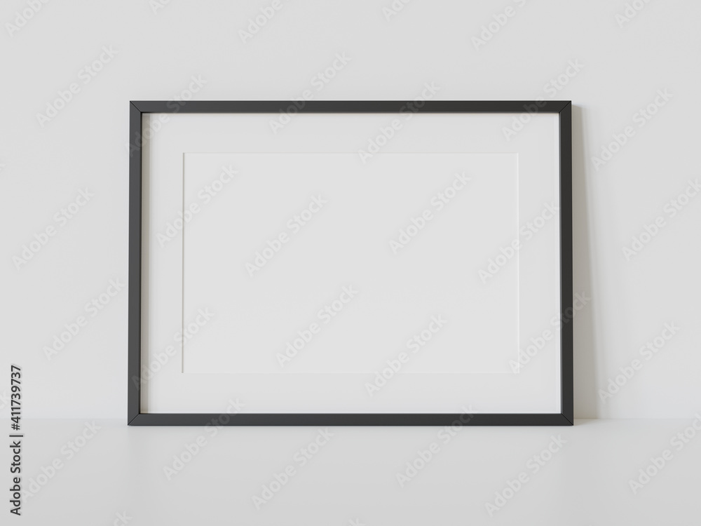 Poster black frame leaning on white floor in interior mockup. template of a picture framed on a wall 3d ren