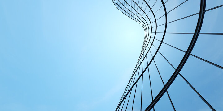 Low angle view of futuristic architecture, Skyscraper of office building with curve glass window, 3D rendering.