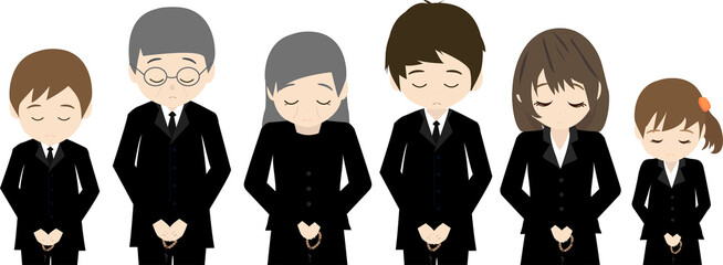 葬儀に参列しておじぎする家族(上半身)