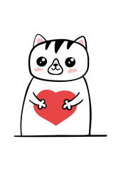Cute cat holding a heart. Greeting card template. Happy Valentines's Day postcard design. Suitable for t-shirt prints, cards or posters. Vector illustration EPS10