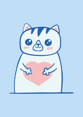 Cute cat holding a heart. Greeting card template. Happy Valentines's Day postcard design. Suitable for t-shirt prints, cards or posters. Vector illustration EPS10