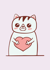Cute cat holding a heart. Greeting card template. Happy Valentines's Day postcard design. Suitable for t-shirt prints, cards or posters. Vector illustration EPS10