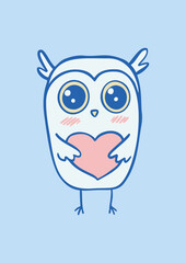 Cute funny owl holding a heart. Greeting card template. Happy Valentines's Day postcard design. Suitable for t-shirt prints, cards or posters. Vector illustration EPS10