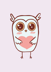 Cute funny owl holding a heart. Greeting card template. Happy Valentines's Day postcard design. Suitable for t-shirt prints, cards or posters. Vector illustration EPS10